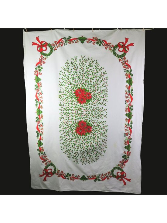 Other - Christmas Tablecloth 58" x 80" Pinecone Bells Rectangle Red Green White Vintage